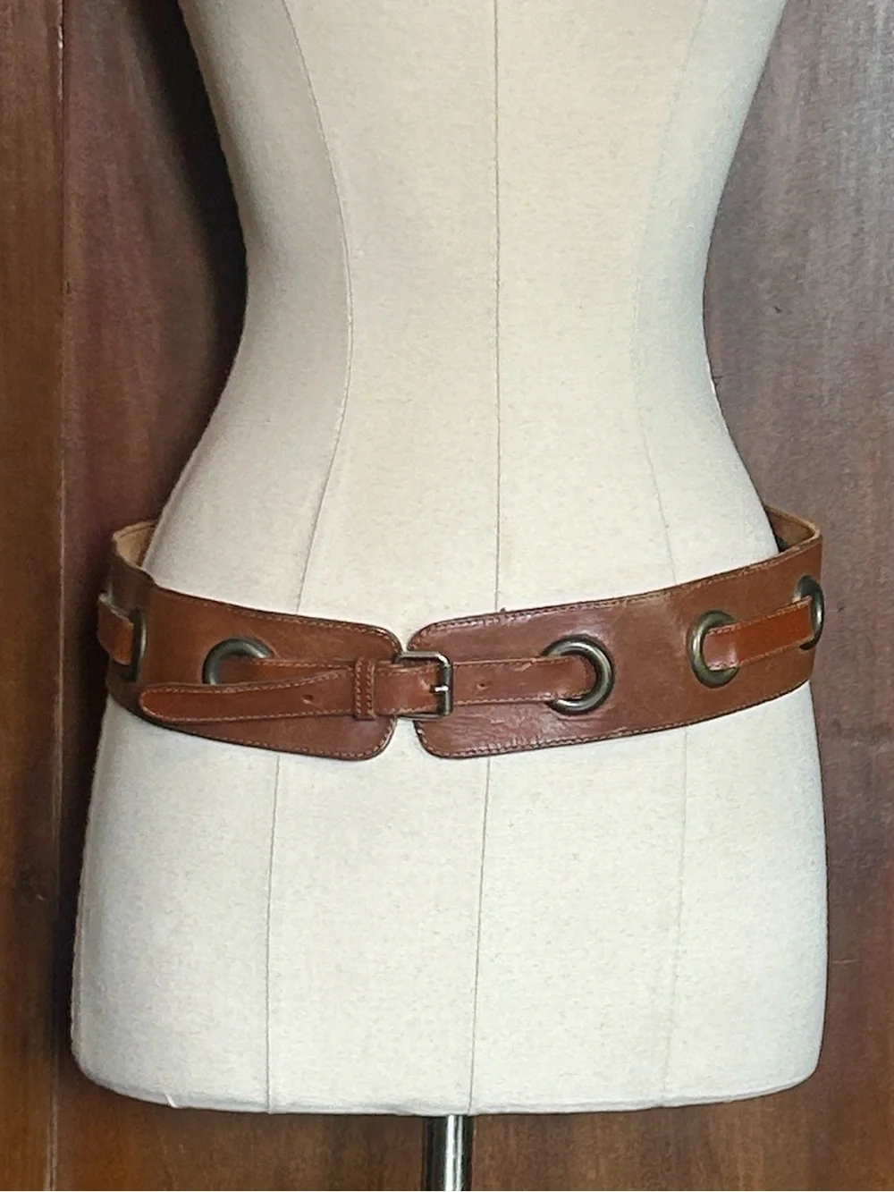 Vintage French Leather Grommet Belt Cognac Brown M